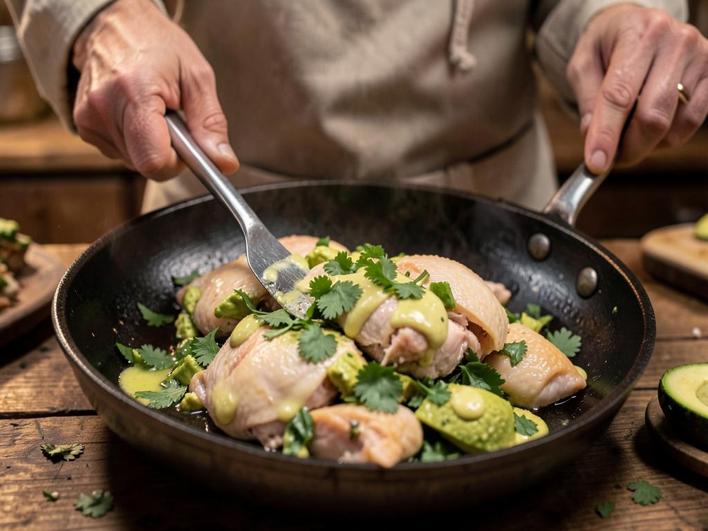 Paso 4: Deshebra el pollo y mezcla con aguacate, mayo, cilantro, limón