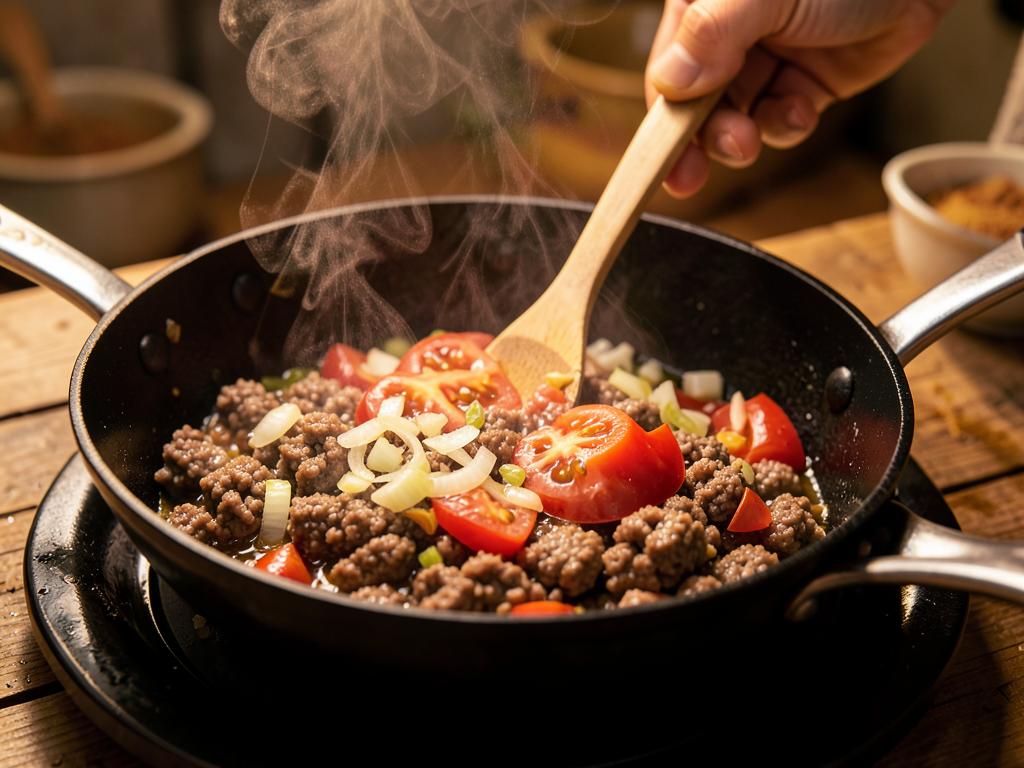 Paso 5: Sofríe la carne molida con cebolla y tomate
