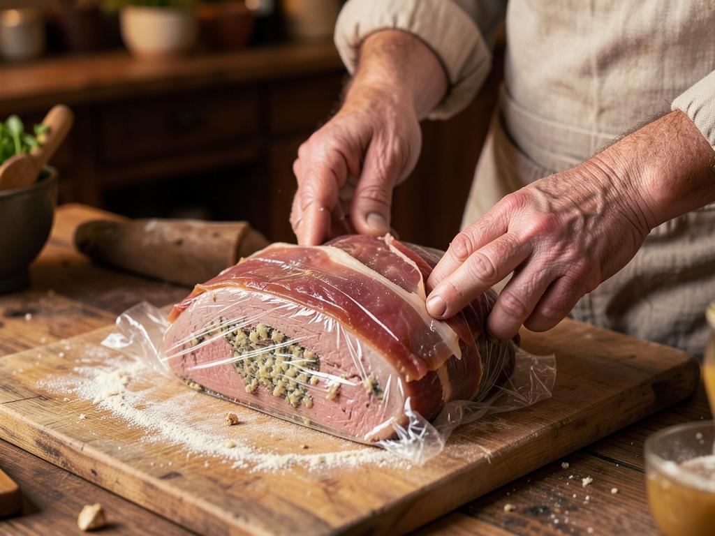 Paso 5: Envuelve el lomo con jamón-duxelles, refrigera