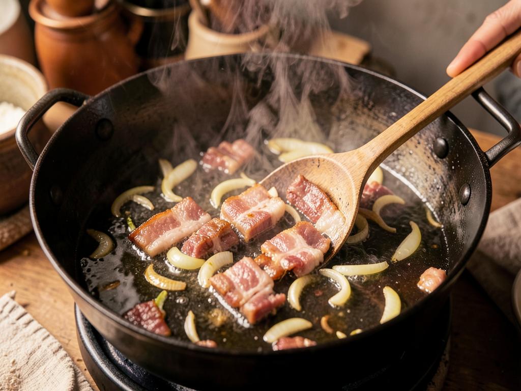 Paso 2: Sofríe tocino y cebolla