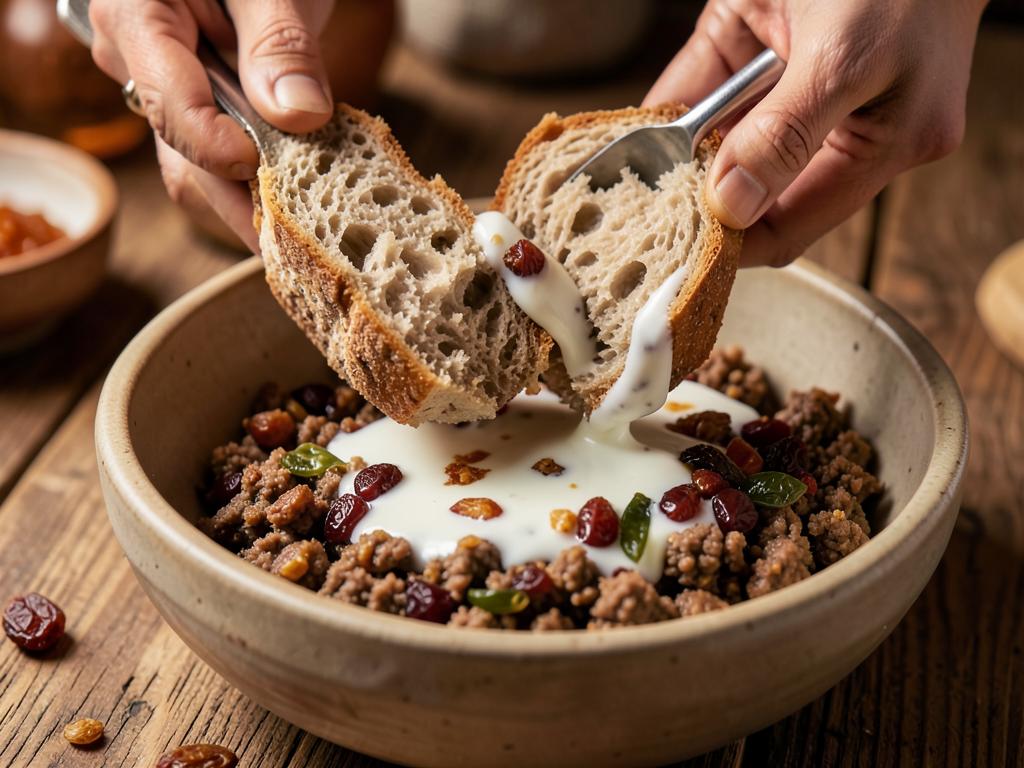 Paso 3: Remoja pan en leche y mezcla con carne, chutney y pasas