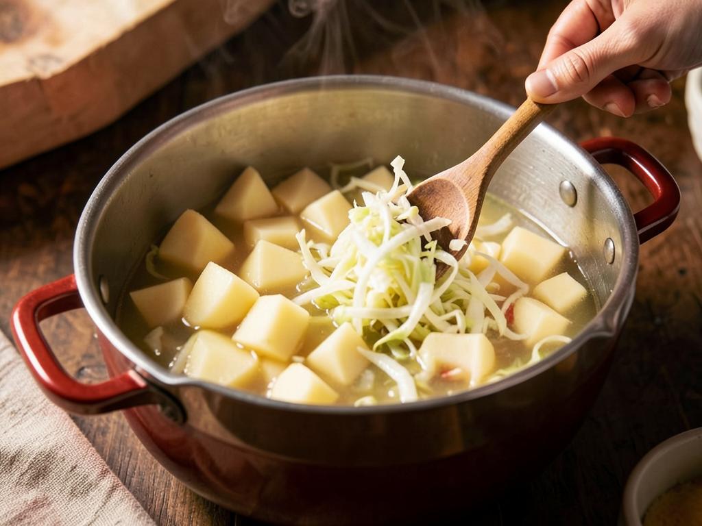 Paso 4: Incorpora papas y repollo al caldo