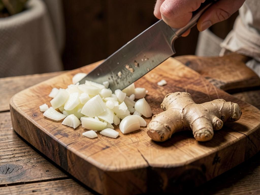 Paso 2: Pica cebolla, ajo y jengibre