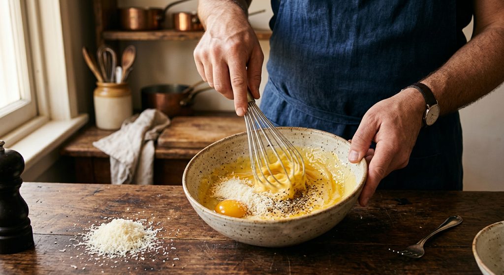Paso 4: Bate yemas, huevo, pecorino y pimienta
