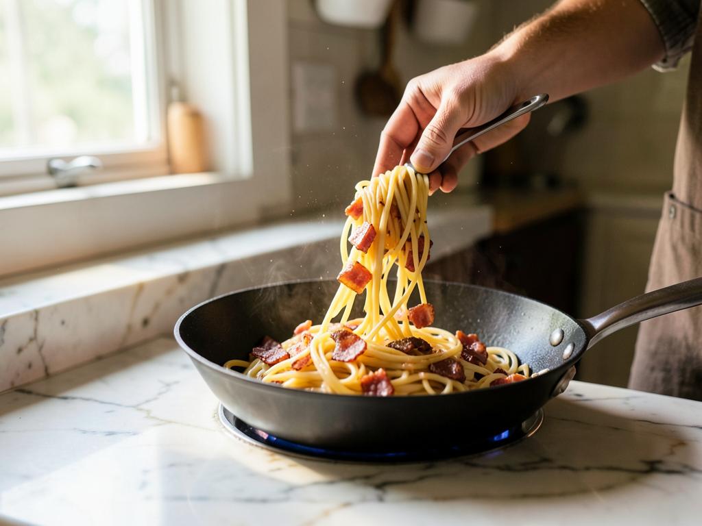 Paso 7: Mezcla pasta con guanciale fuera del fuego