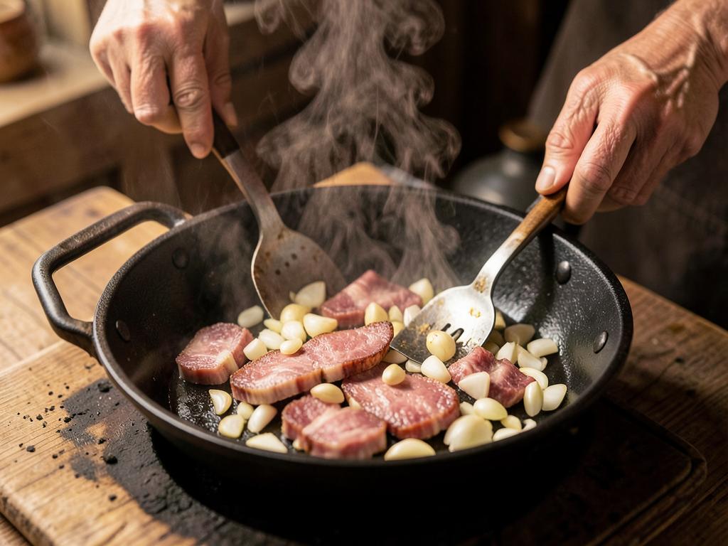 Paso 3: Sofríe tocino, cebolla y ajo