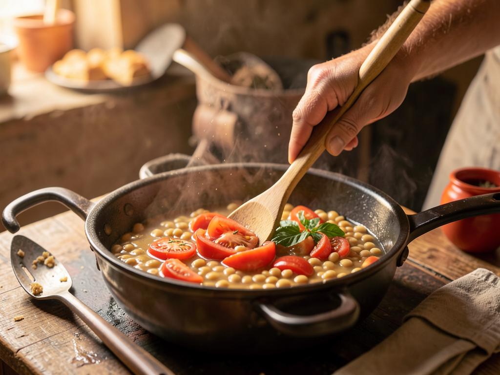 Paso 4: Añade tomate y caldo, suma alubias