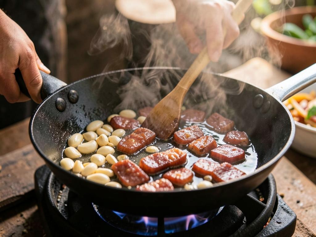 Paso 2: Sofríe ajo y chorizo en wok