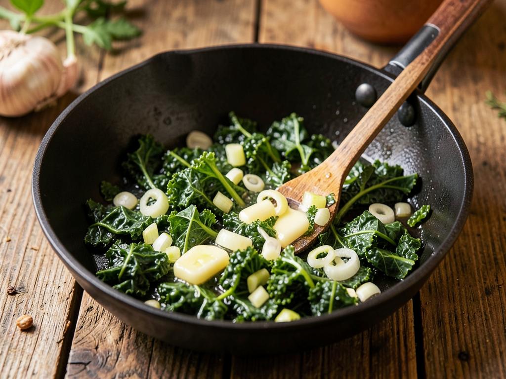 Paso 3: Saltea kale y cebollín en mantequilla