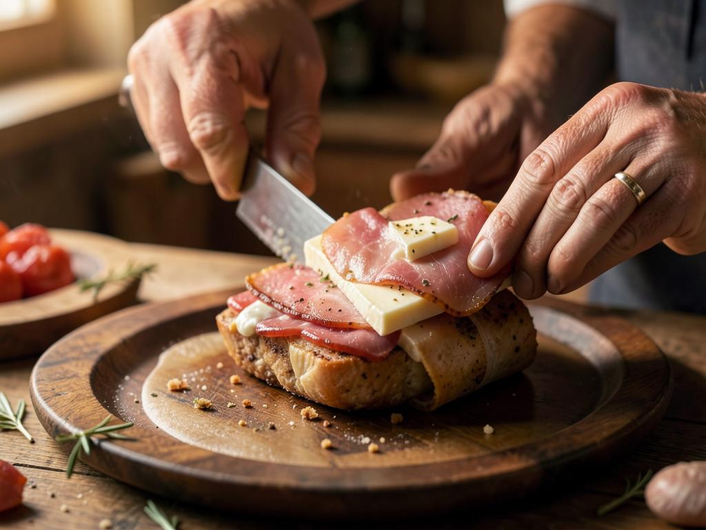 Paso 2: Coloca jamón y queso, enrolla