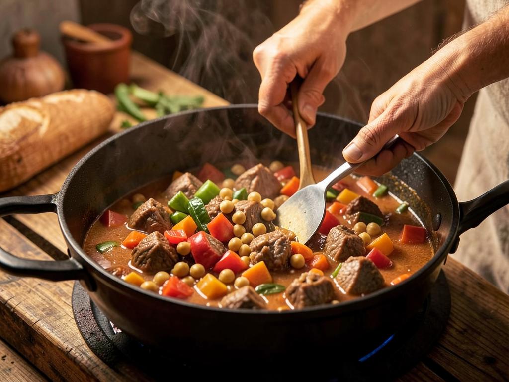 Paso 4: Incorpora verduras y garbanzos al guiso