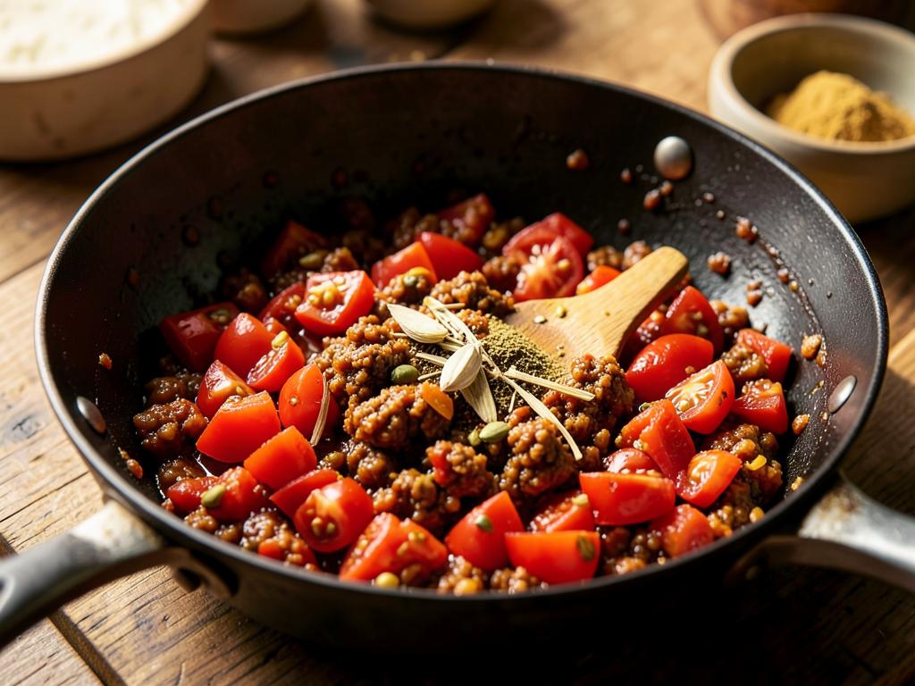 Paso 4: Añade tomate y especias, cocina la base