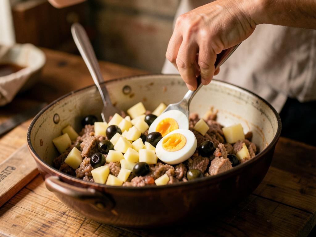 Paso 6: Pica papa, huevo y aceitunas; mezcla