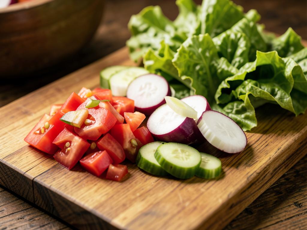 Paso 2: Pica tomate, pepino, rabanito, cebollín y lechuga