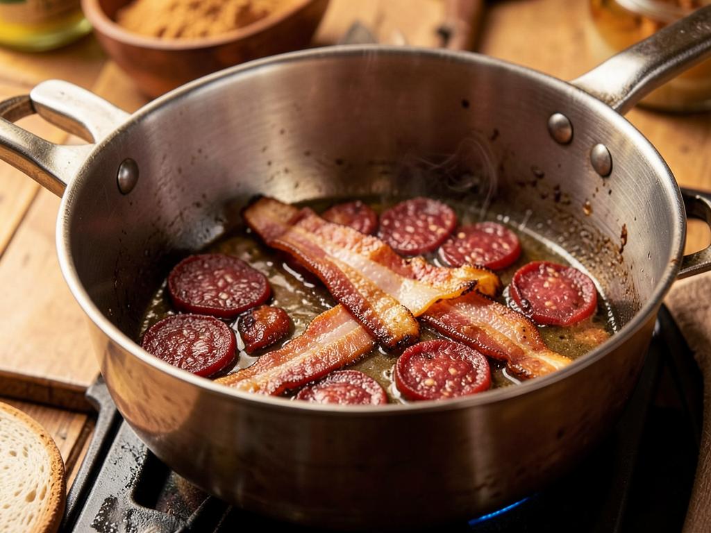 Paso 3: Dora tocino y chorizo en olla