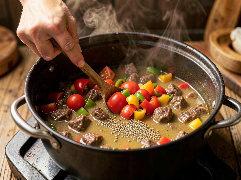 Paso 5: Añade tomate, pimiento, comino y caldo