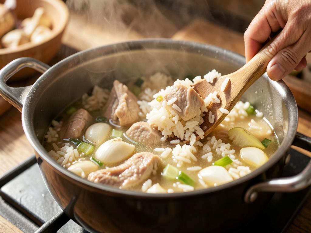 Paso 3: Cocina arroz con caldo, ajo y jengibre