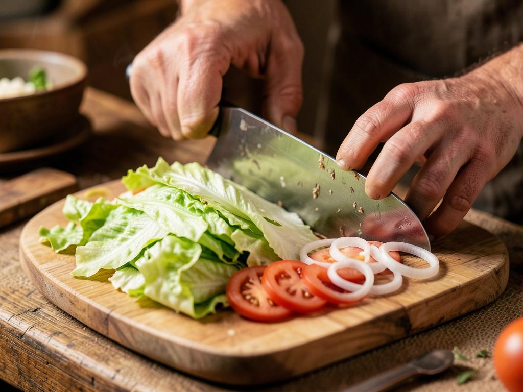 Paso 2: Corta lechuga, tomate y cebolla en rodajas