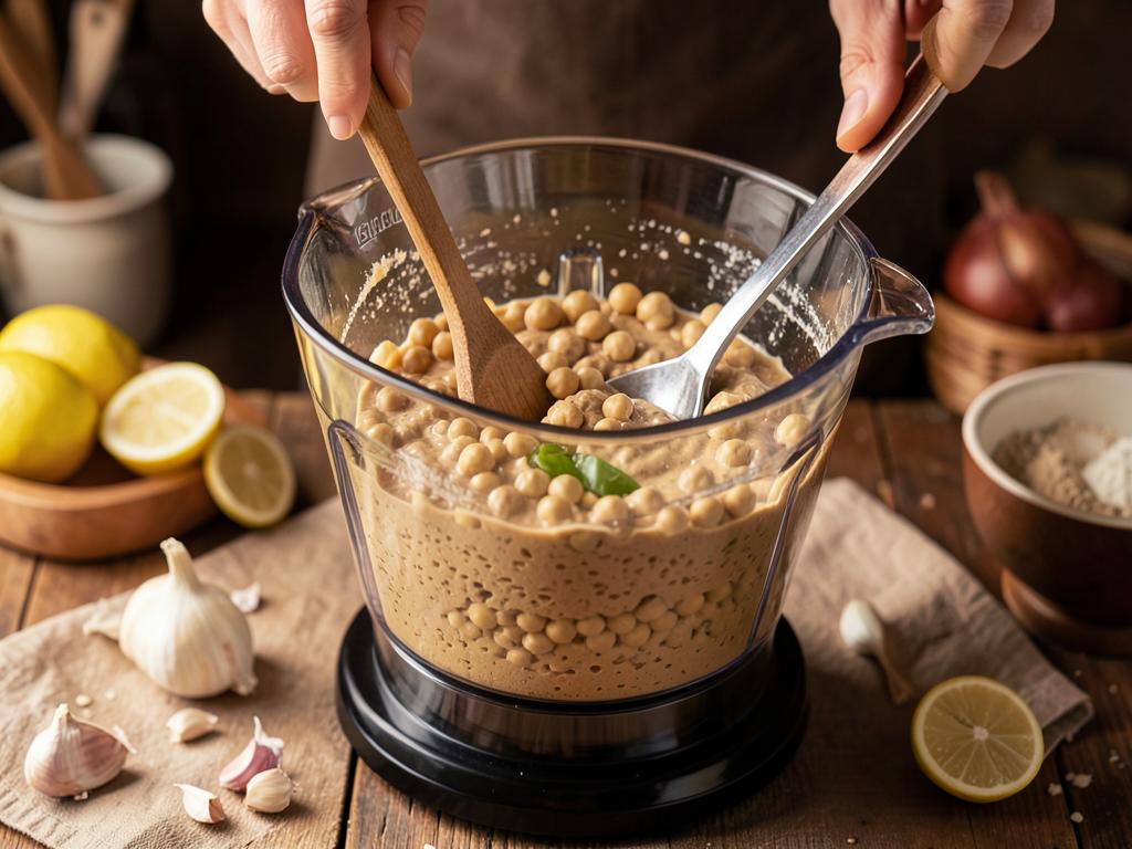 Paso 1: Procesa garbanzos con tahini, limón, ajo y agua