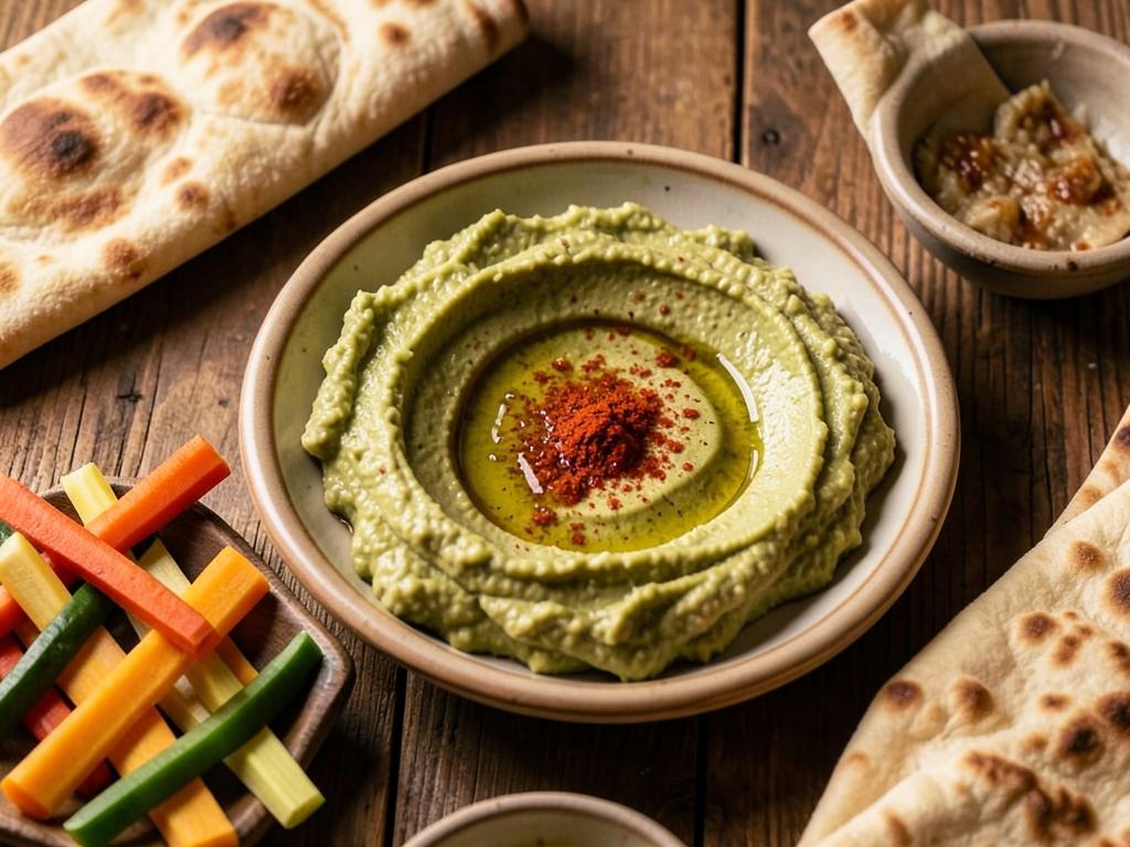 Paso 5: Sirve hummus con aceite y pimentón, acompaña con pan y vegetales