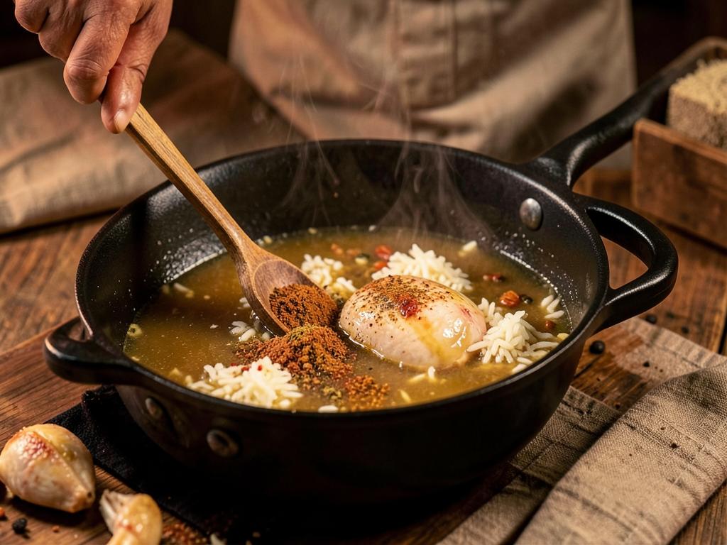 Paso 6: Agrega especias, caldo, arroz y pollo