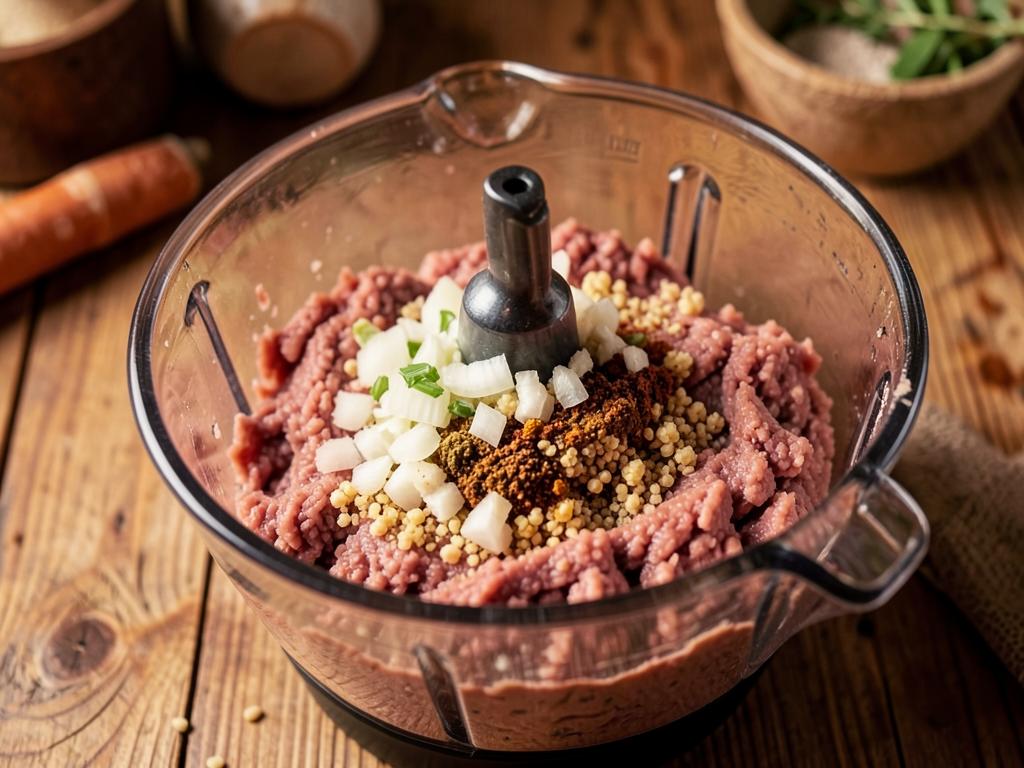 Paso 2: Procesa la mitad del cordero con bulgur, cebolla y especias