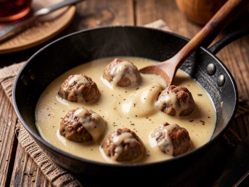Paso 5: Hace salsa con caldo, crema y mostaza, suma albóndigas