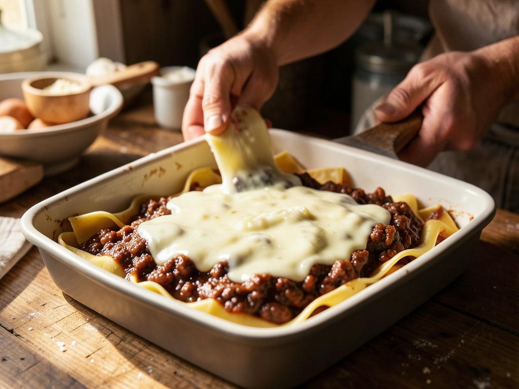 Paso 8: Monta capas de pasta, ragú, bechamel y queso