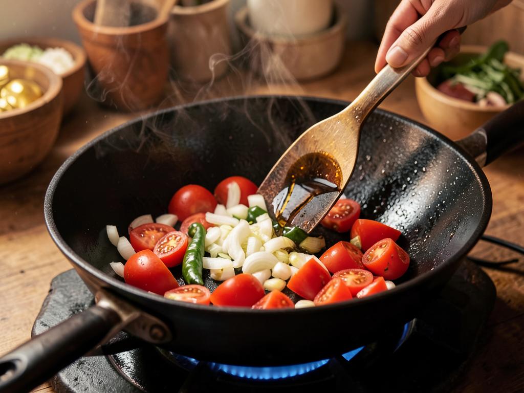 Paso 5: Añade cebolla, tomate, ají, soja y vinagre