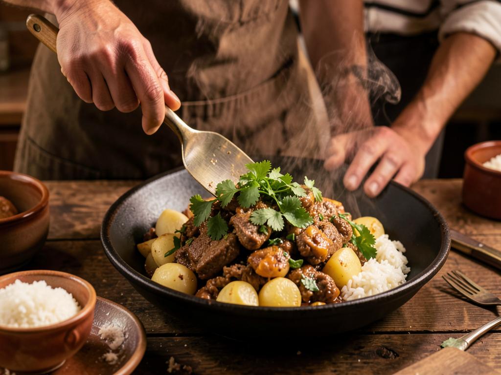Paso 6: Mezcla con papas y cilantro, sirve con arroz