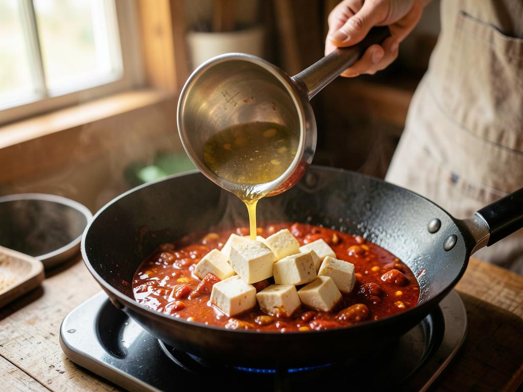Paso 4: Vierte caldo y agrega tofu en cubos
