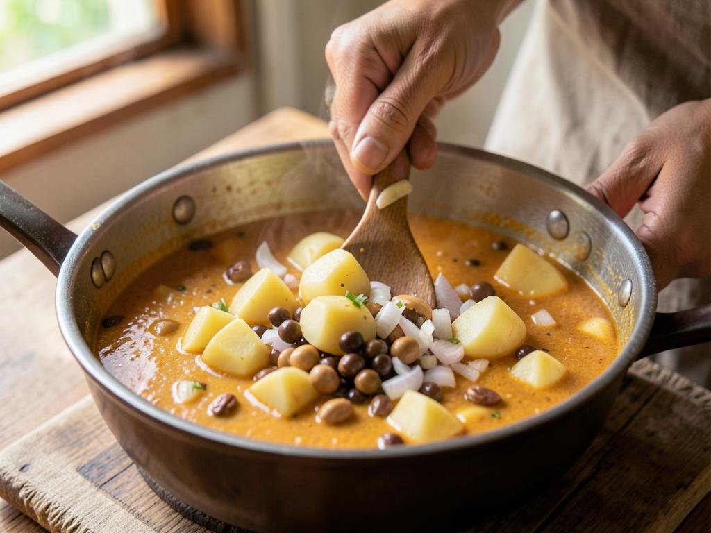 Paso 5: Añade papas, cebolla, tamarindo, maní, azúcar