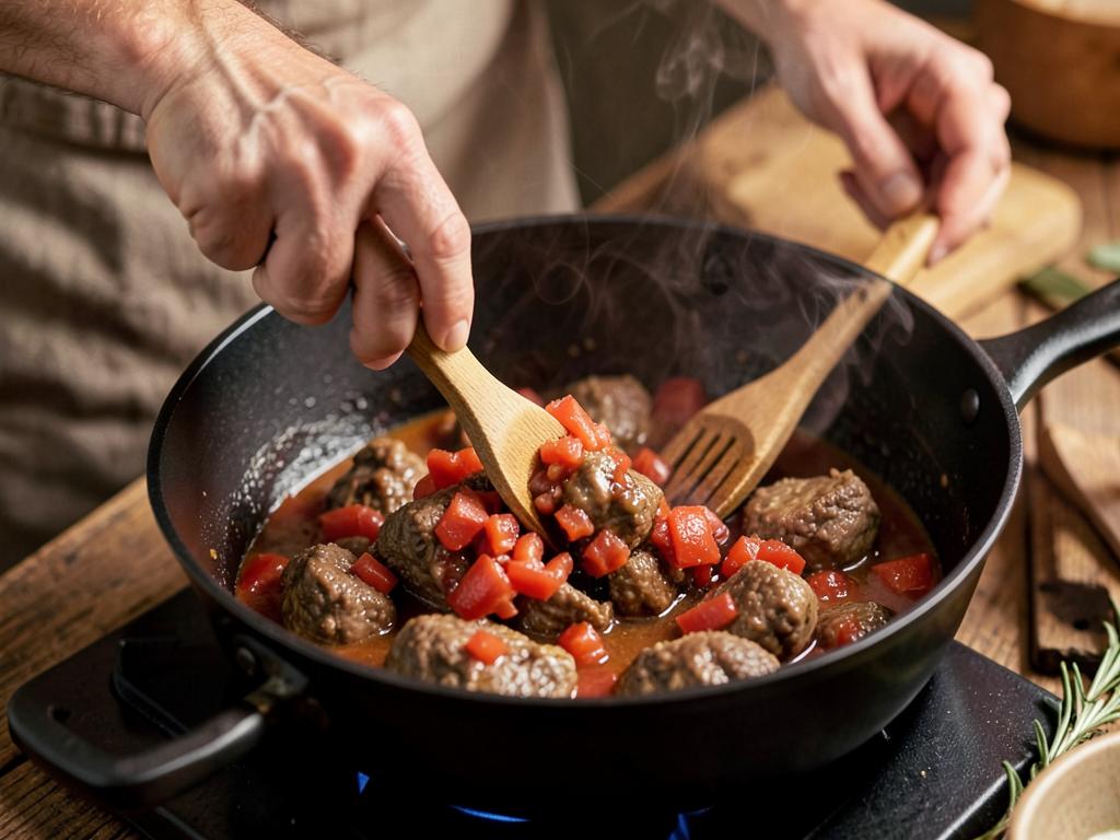 Paso 3: Añade tomate, vino y canela, cocina