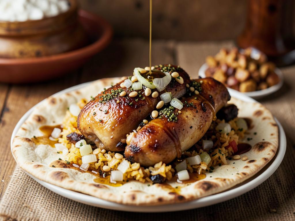 Paso 6: Monta pan, cebolla, pollo y piñones, riega aceite