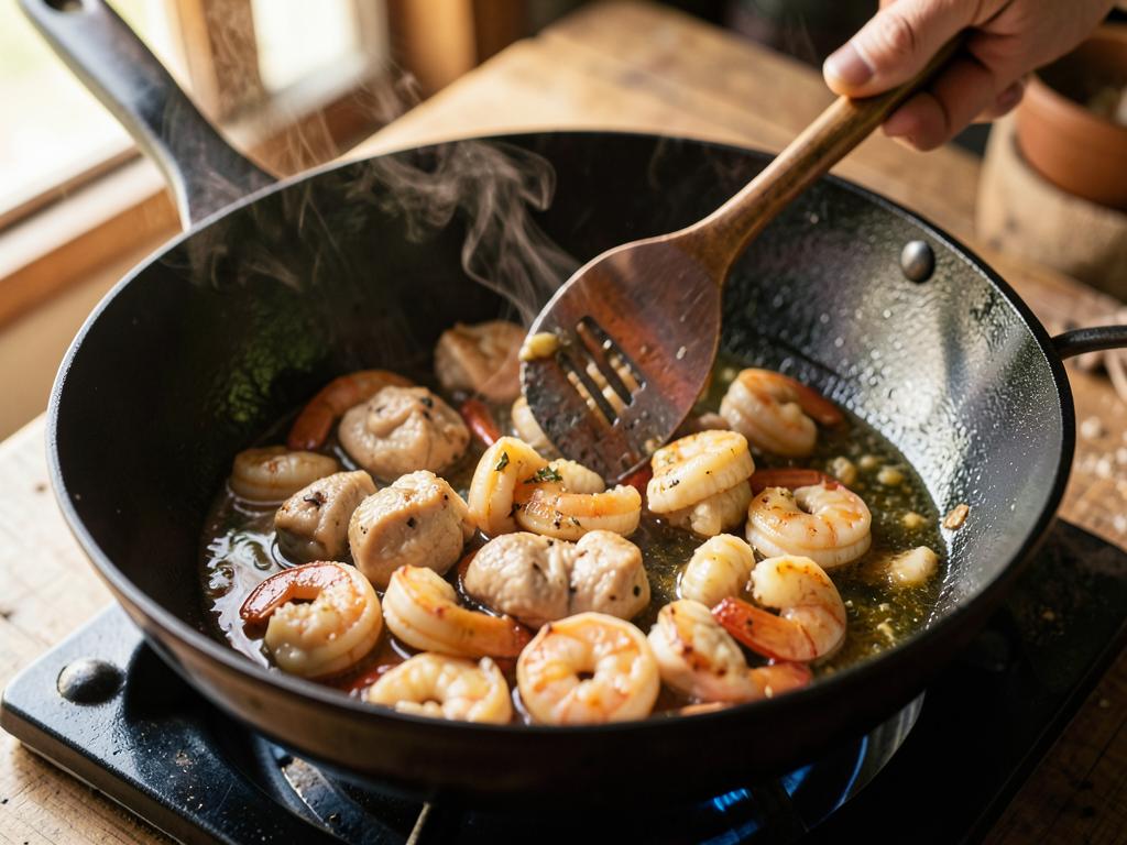 Paso 2: Añade pollo y camarones, saltea