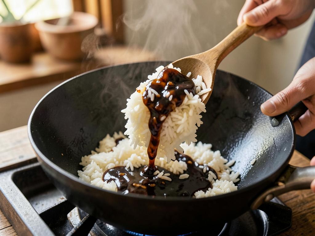Paso 3: Incorpora arroz frío y salsas