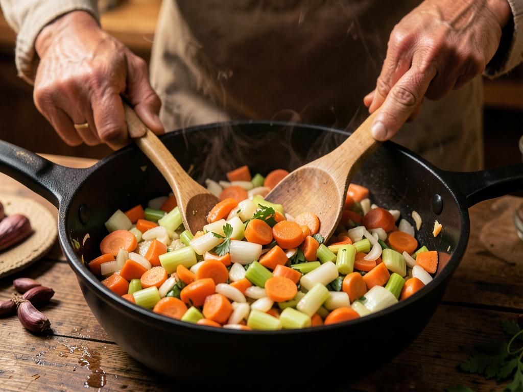 Paso 2: Sofríe mirepoix de cebolla, zanahoria, apio