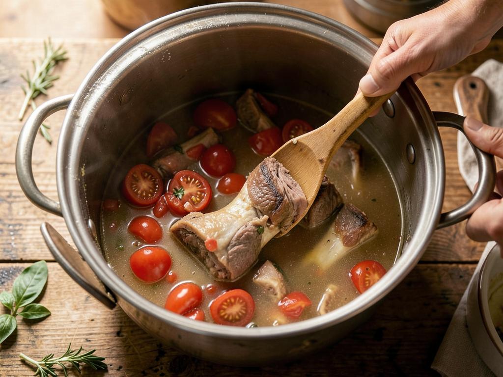 Paso 4: Añade tomate, caldo y carne, tapa