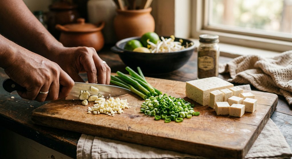 Paso 2: Pica ajo y cebollín; corta el tofu en cubos