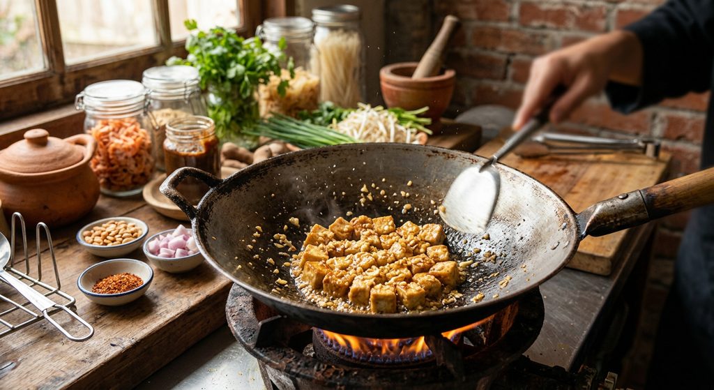 Paso 4: Saltea ajo y tofu en el wok caliente