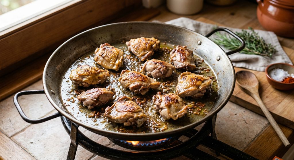 Paso 2: Sofríe pollo y conejo en la paellera con aceite