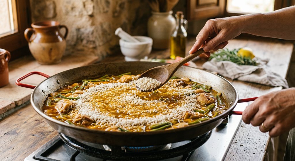 Paso 5: Echa el arroz y reparte uniformemente