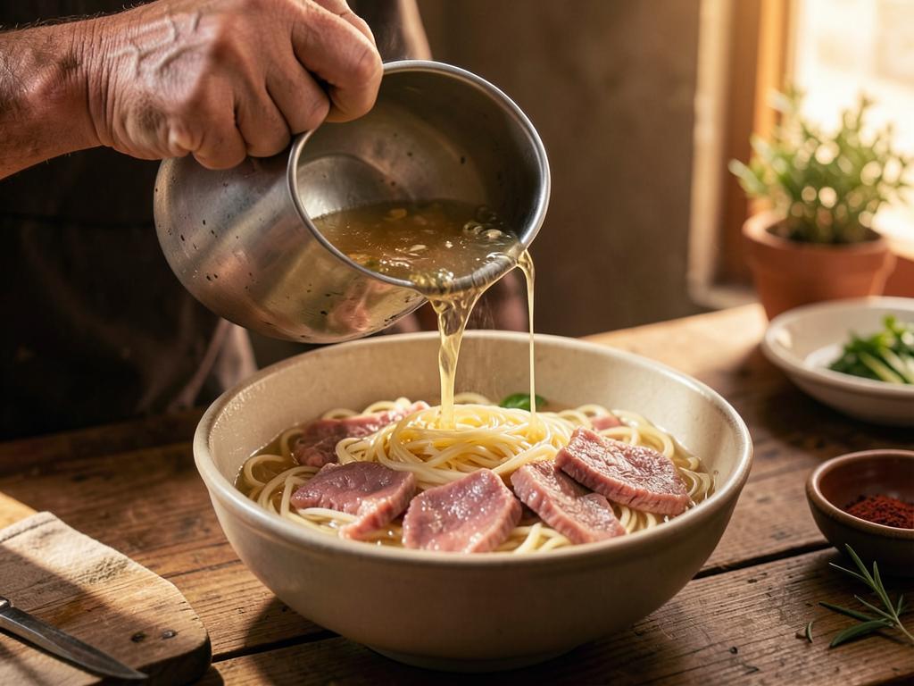 Paso 7: Sirve fideos con láminas de res y vierte caldo hirviendo