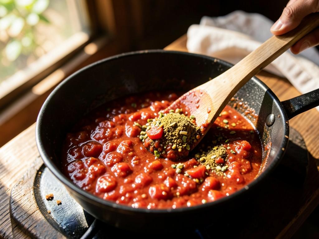 Paso 5: Añade tomate y especias, cocina salsa