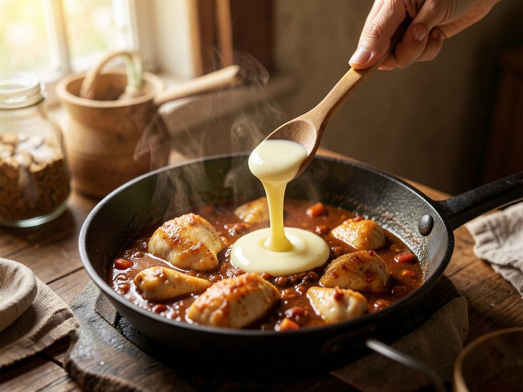 Paso 6: Incorpora crema y pollo, termina cocción