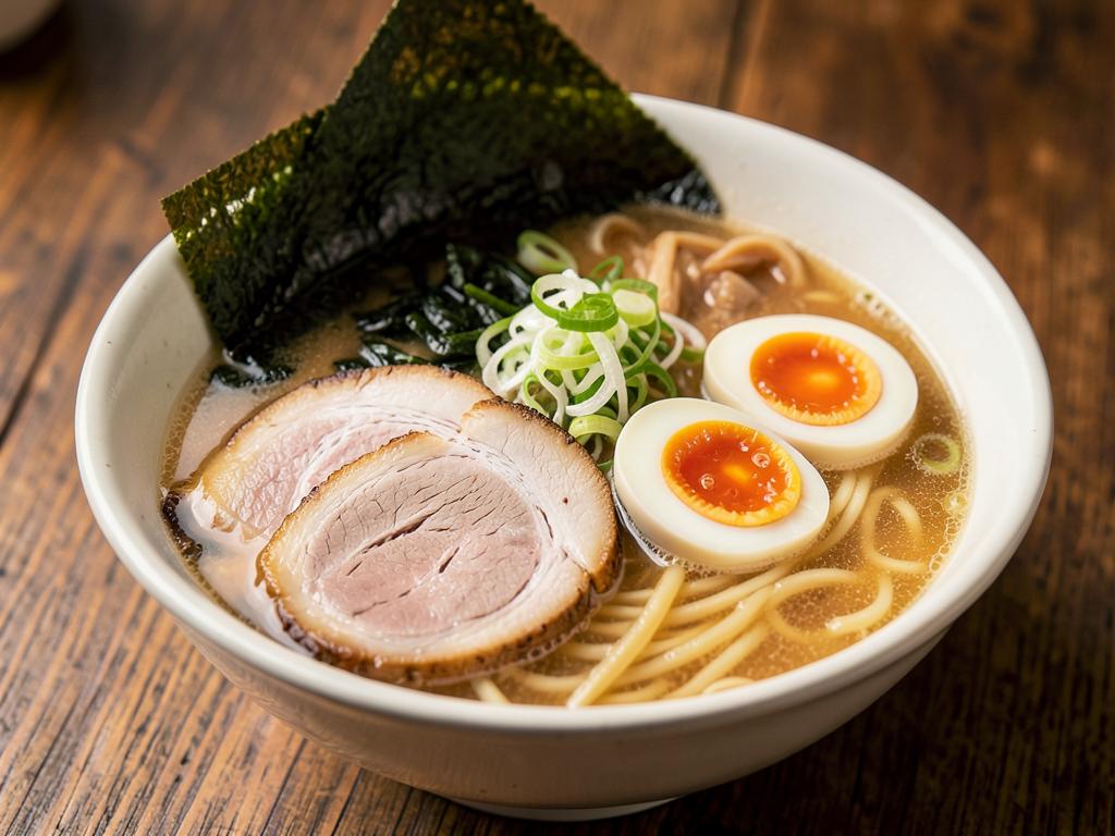 Paso 8: Sirve caldo, fideos, panceta laminada, huevo, nori y cebollín