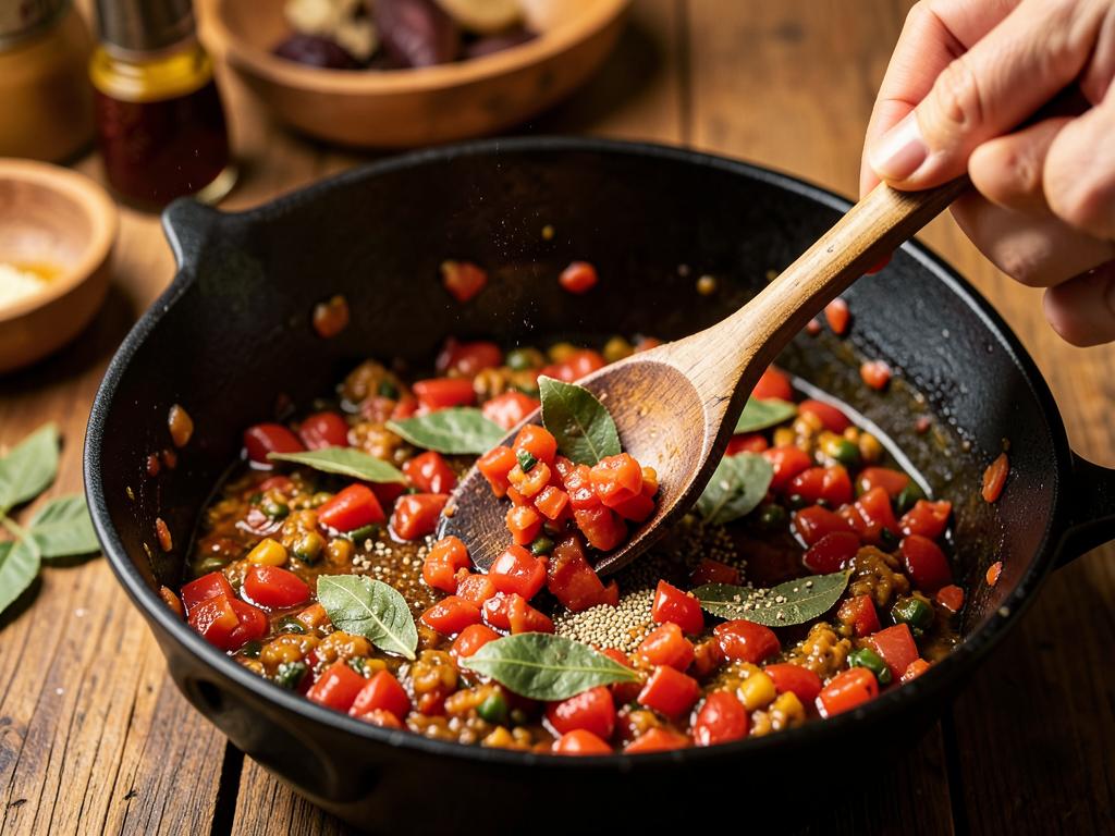 Paso 4: Añade tomate, vino, comino y laurel