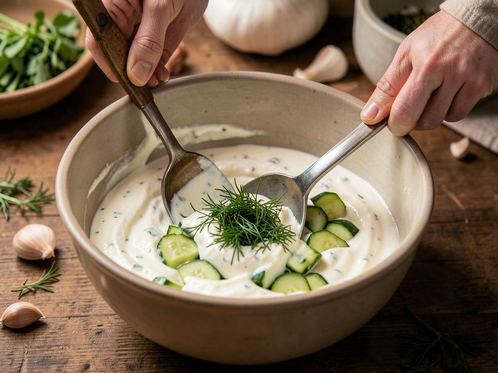 Paso 4: Mezcla yogur, pepino, ajo y eneldo (tzatziki)