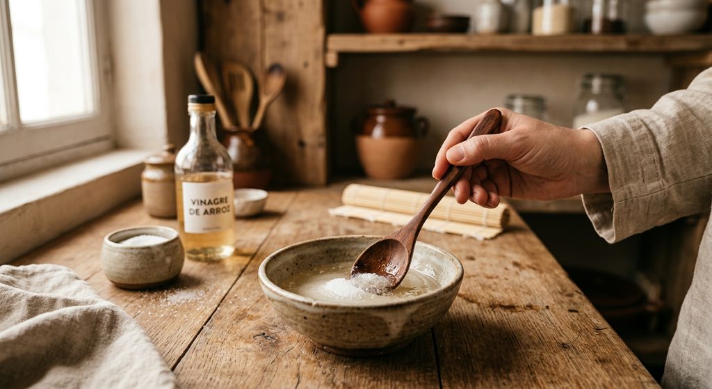 Paso 3: Mezcla vinagre, azúcar y sal en un bowl