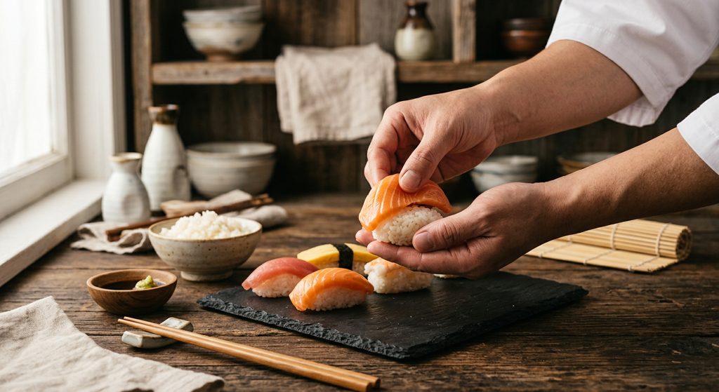 Paso 6: Forma bolitas de arroz y coloca pescado encima